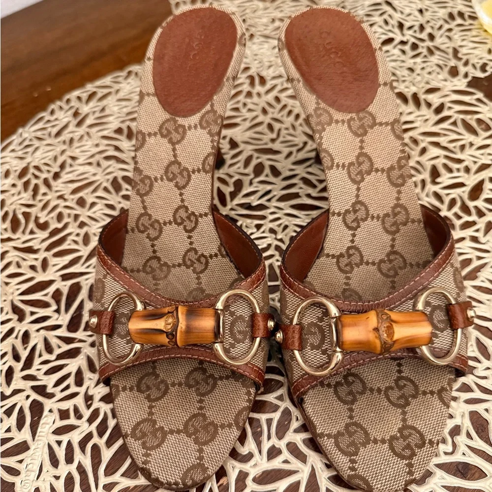 Vintage Gucci Brown Bamboo Logo Mules - Picture 1 of 15